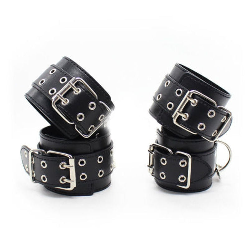 Male Female Black PU Leather Neck Collar Handcuffs Ankle Cuffs Wrist Chain Slave Bondage BDSM Fetish Restraints Kit Sex Toys - buysextoyth