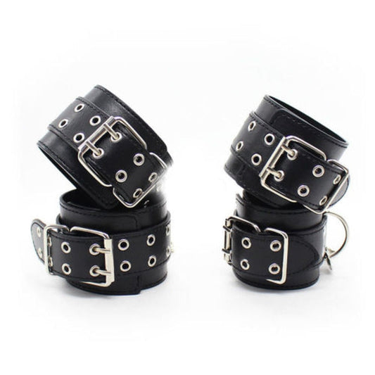 Male Female Black PU Leather Neck Collar Handcuffs Ankle Cuffs Wrist Chain Slave Bondage BDSM Fetish Restraints Kit Sex Toys - buysextoyth