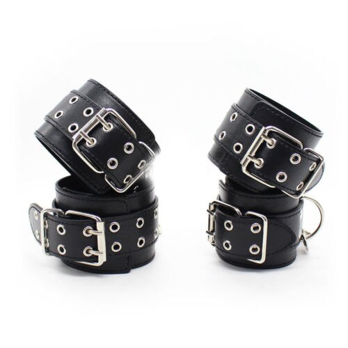 Male Female Black PU Leather Neck Collar Handcuffs Ankle Cuffs Wrist Chain Slave Bondage BDSM Fetish Restraints Kit Sex Toys - buysextoyth