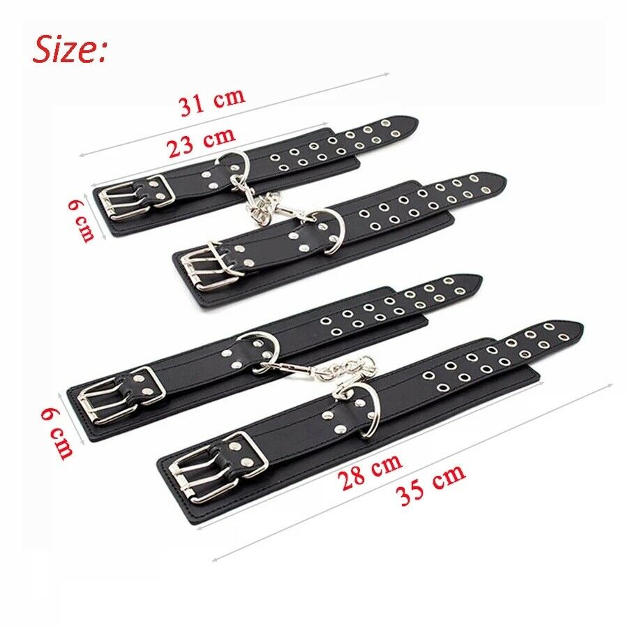 Male Female Black PU Leather Neck Collar Handcuffs Ankle Cuffs Wrist Chain Slave Bondage BDSM Fetish Restraints Kit Sex Toys - buysextoyth