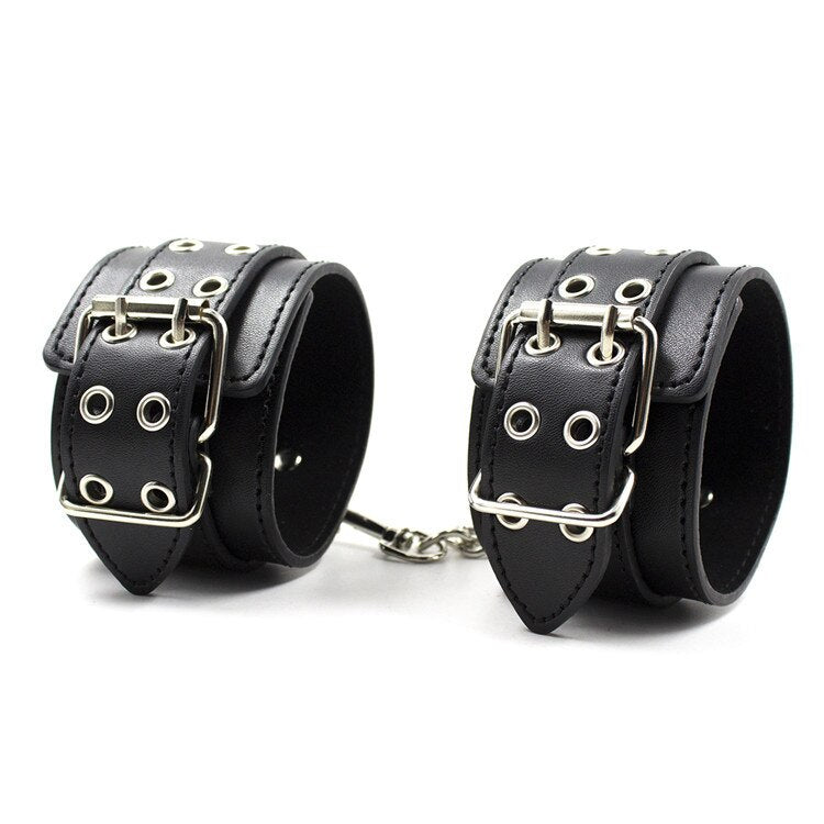 Male Female Black PU Leather Neck Collar Handcuffs Ankle Cuffs Wrist Chain Slave Bondage BDSM Fetish Restraints Kit Sex Toys - buysextoyth