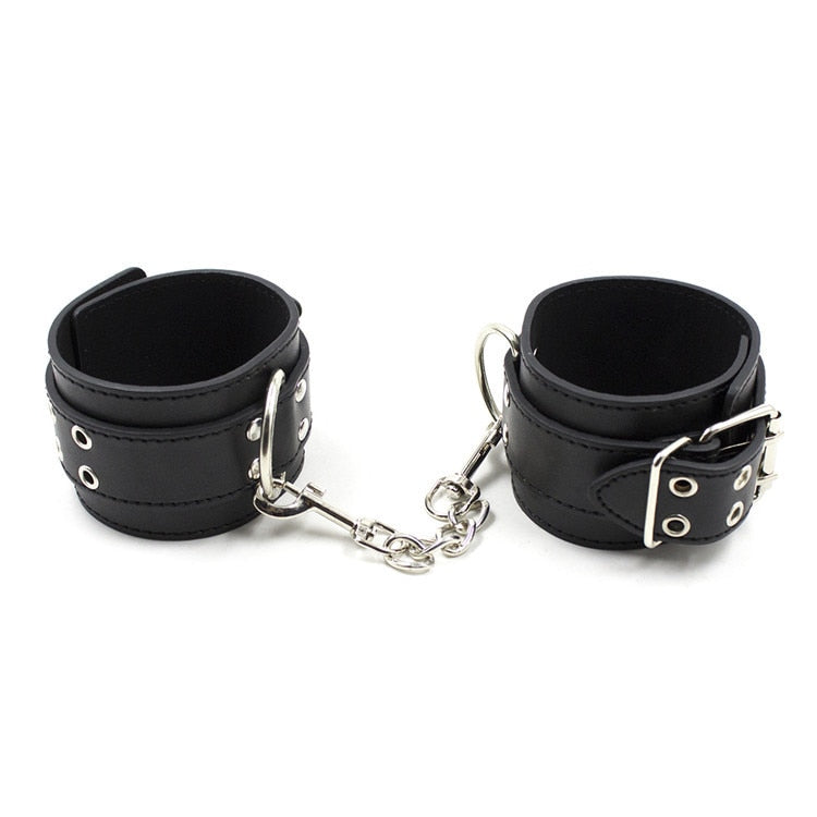 Male Female Black PU Leather Neck Collar Handcuffs Ankle Cuffs Wrist Chain Slave Bondage BDSM Fetish Restraints Kit Sex Toys - buysextoyth