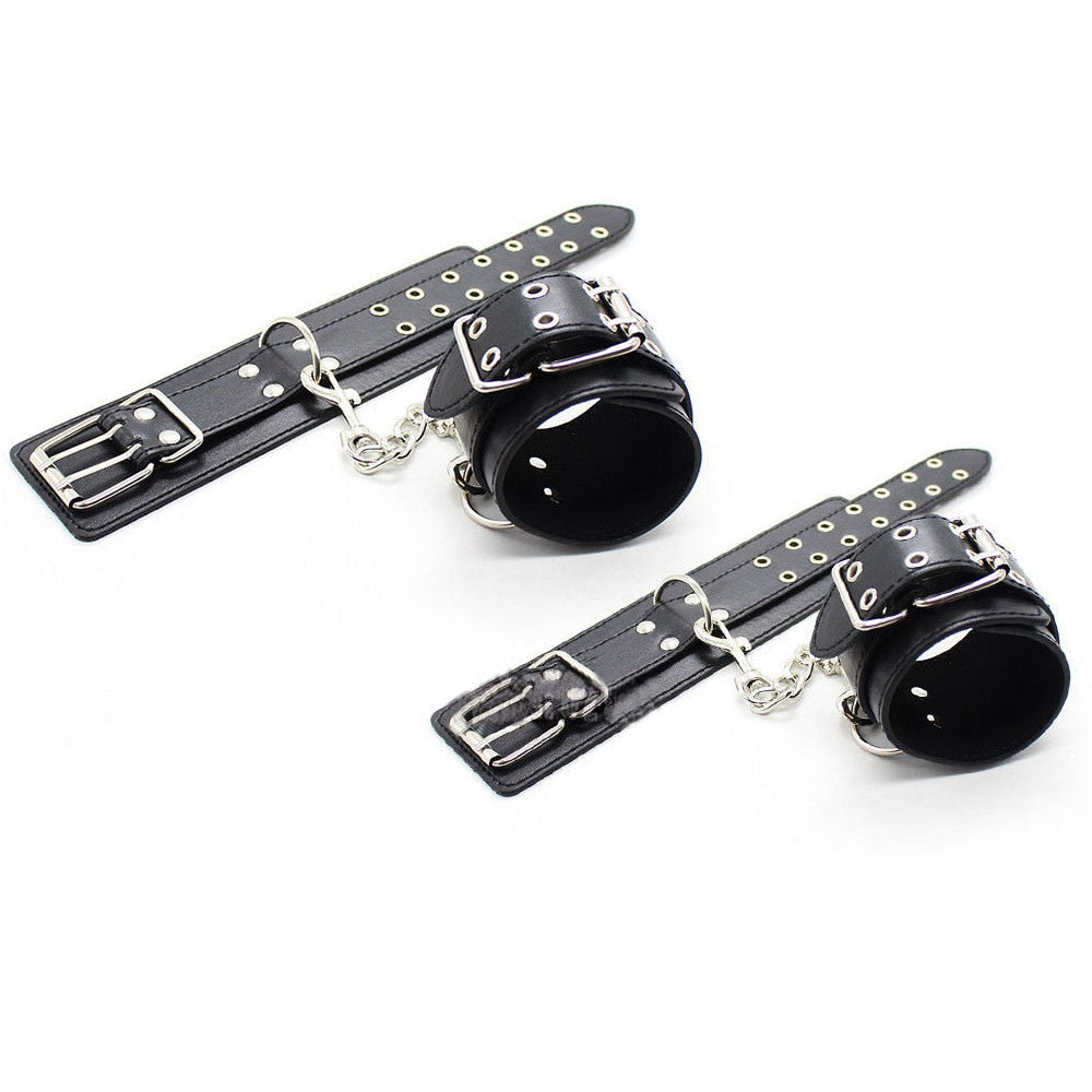 Male Female Black PU Leather Neck Collar Handcuffs Ankle Cuffs Wrist Chain Slave Bondage BDSM Fetish Restraints Kit Sex Toys - buysextoyth