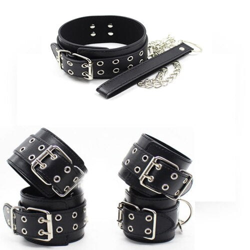 Male Female Black PU Leather Neck Collar Handcuffs Ankle Cuffs Wrist Chain Slave Bondage BDSM Fetish Restraints Kit Sex Toys - buysextoyth