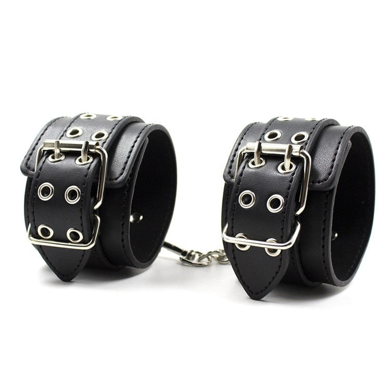 Male Female Black PU Leather Neck Collar Handcuffs Ankle Cuffs Wrist Chain Slave Bondage BDSM Fetish Restraints Kit Sex Toys - buysextoyth
