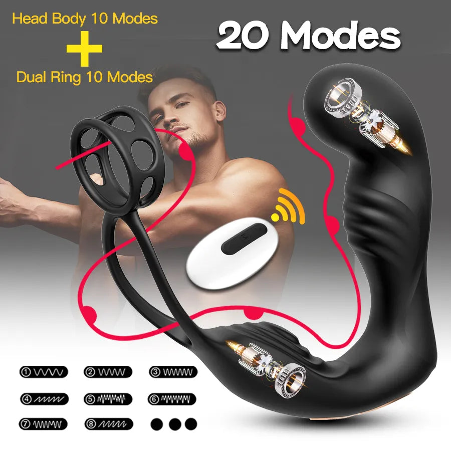 Male Prostate Massage Vibrator Double Ring Anal Plug Vibrator Silicone Delay Ejaculation Male Masturbator Adult Sex Toys for Men - buysextoyth