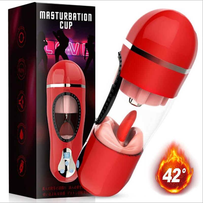 อมควยลิ้นเลียชาย Masturbator Vibrator สำหรับผู้ชายอัตโนมัติ Oral Deep Throat ช่องคลอด Masturbator ถ้วยความร้อนชายของเล่น - buysextoyth