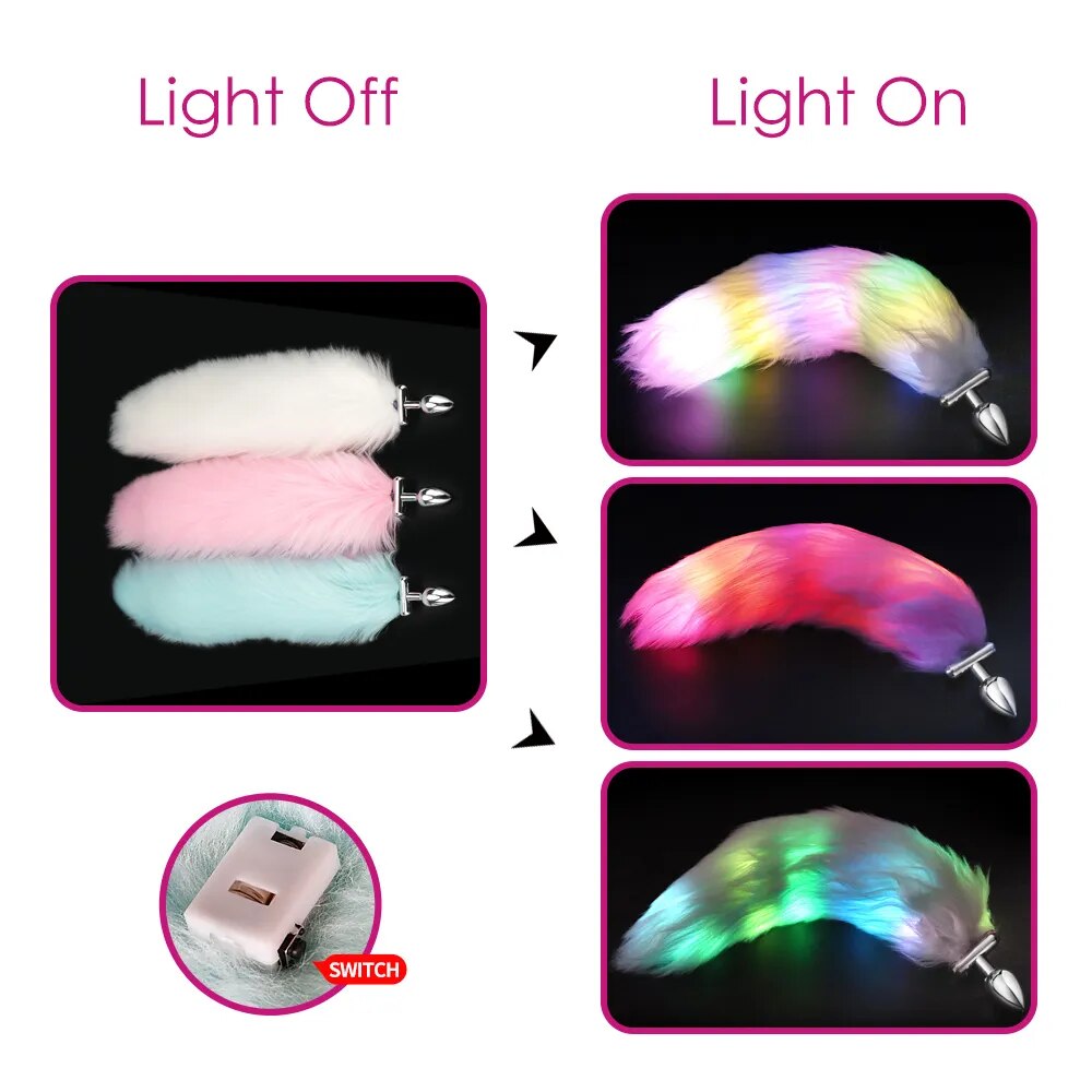Metal Stainless Glow Steel New Detachable Led Cosplay Luminous Fox Tail Anal Butt Plug Sex Toys For Woman Man Couple - buysextoyth