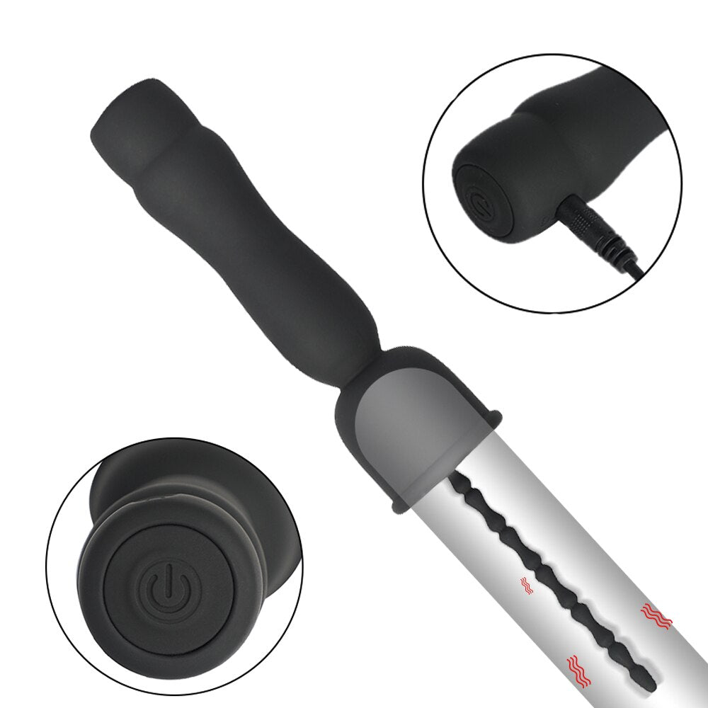 Mushroom Head 16-frequency Vibration Urethral Stick Rechargeable Massage Male Silicone Penis Time-lapse Training Exercise Black - buysextoyth