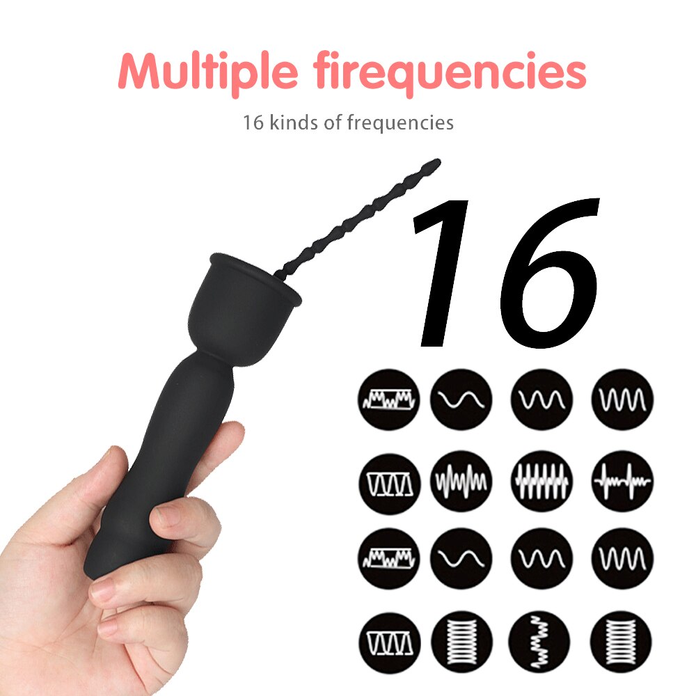 Mushroom Head 16-frequency Vibration Urethral Stick Rechargeable Massage Male Silicone Penis Time-lapse Training Exercise Black - buysextoyth