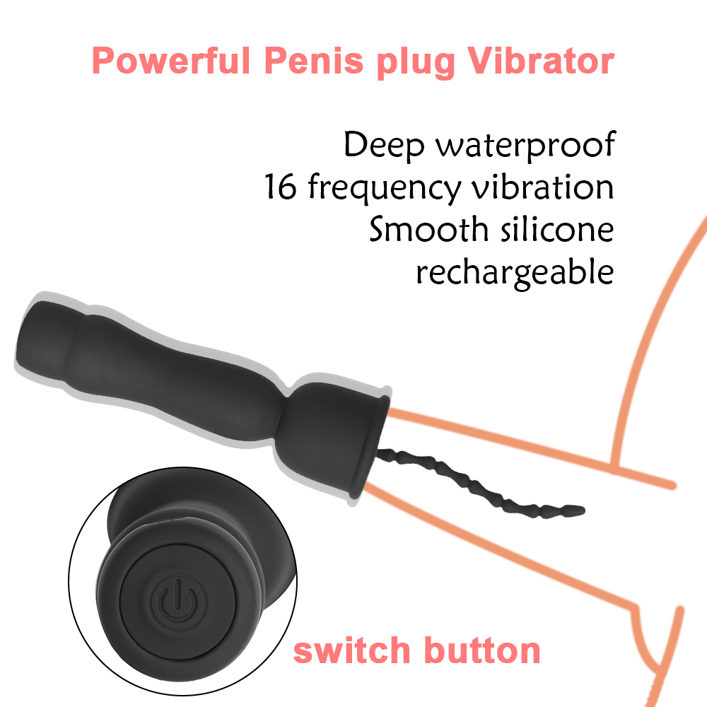 Mushroom Head 16-frequency Vibration Urethral Stick Rechargeable Massage Male Silicone Penis Time-lapse Training Exercise Black - buysextoyth