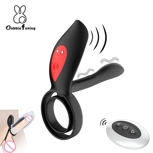 New Couples Delay Ejaculation Penis Vibrator with Double Cock Ring Nipples Massager Adult Sex Toys for Men Clitoris Stimulator - buysextoyth