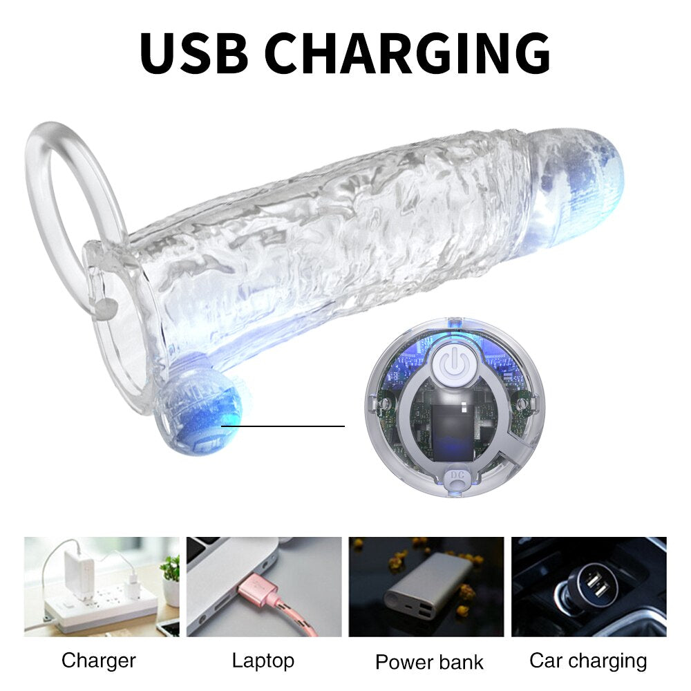 Penis Vibrator Extender Sleeve Delay Ejaculation Reusable ถุงยางอนามัยขยาย Cock แหวนของเล่นสำหรับผู้ใหญ่สำหรับผู้ใหญ่ Dick Enlarger - buysextoyth