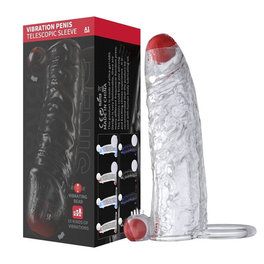 Penis Vibrator Extender Sleeve Delay Ejaculation Reusable ถุงยางอนามัยขยาย Cock แหวนของเล่นสำหรับผู้ใหญ่สำหรับผู้ใหญ่ Dick Enlarger - buysextoyth