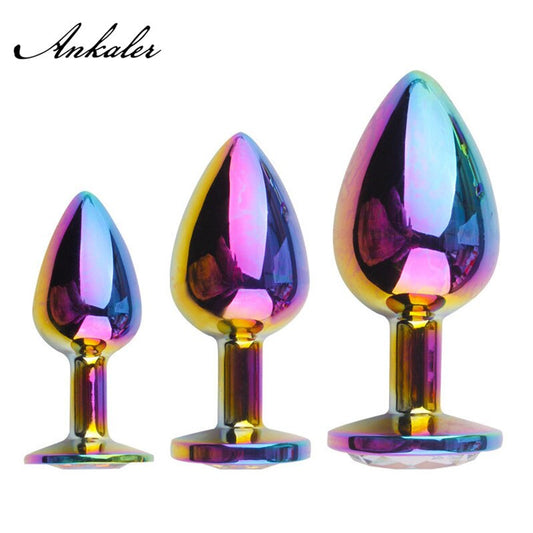 Rose Gold Rainbow Heart Shape Crystal Metal Anal Beads Butt Plug Jewelry Ass Small Medium Size Set Sex Toy for Female Male M-21 - buysextoyth