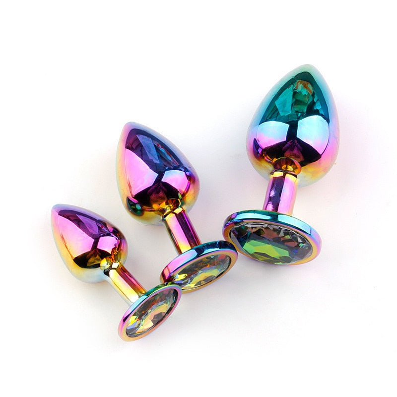 Rose Gold Rainbow Heart Shape Crystal Metal Anal Beads Butt Plug Jewelry Ass Small Medium Size Set Sex Toy for Female Male M-21 - buysextoyth