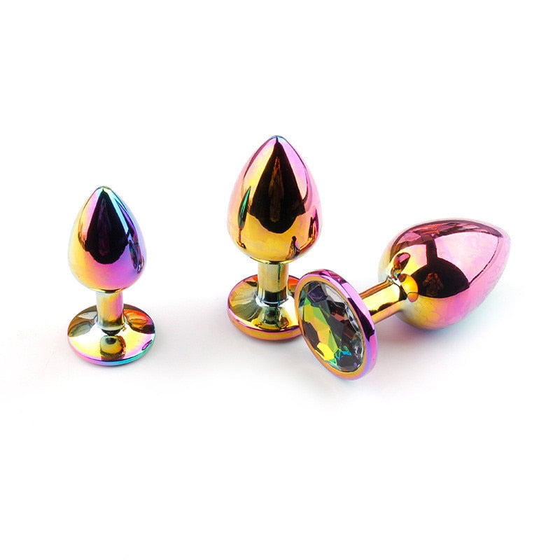 Rose Gold Rainbow Heart Shape Crystal Metal Anal Beads Butt Plug Jewelry Ass Small Medium Size Set Sex Toy for Female Male M-21 - buysextoyth