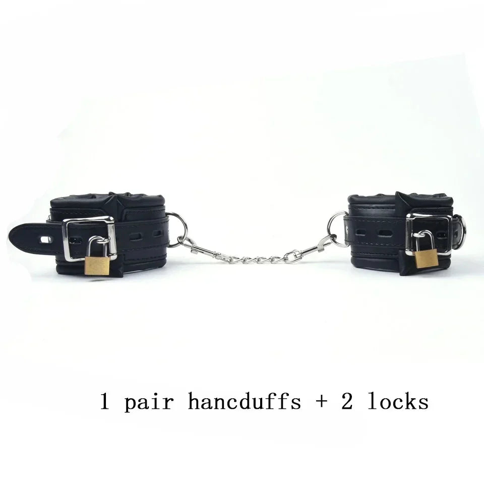 4Pcs Bondage Set Black Leather Sponge Handcuffs For Sex Anklecuffs +Handcuffs+Collar+ mask+5 Lock Sex Toys for Adult Games - buysextoyth