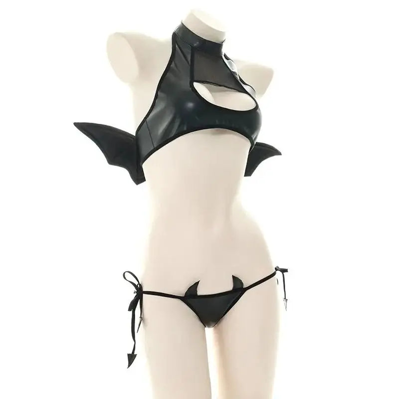 Sexy Patent Leather Women Lingerie Set Little Devil Wings Underwear SM Flirting Open Chest Underwear Porn Bra Costume - buysextoyth