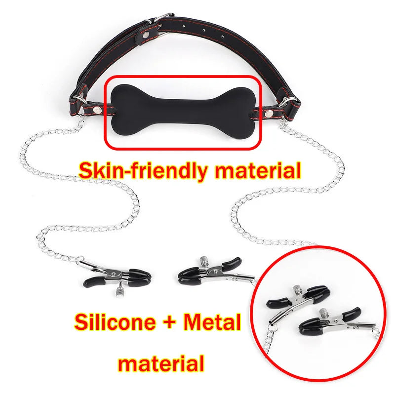 SM Sexy Leather Mouth Plug and Nipple Clamps. Silicone Dog Bone for BDSM. SM Bondage Game for Couples Enhance Sex Pleasure - buysextoyth