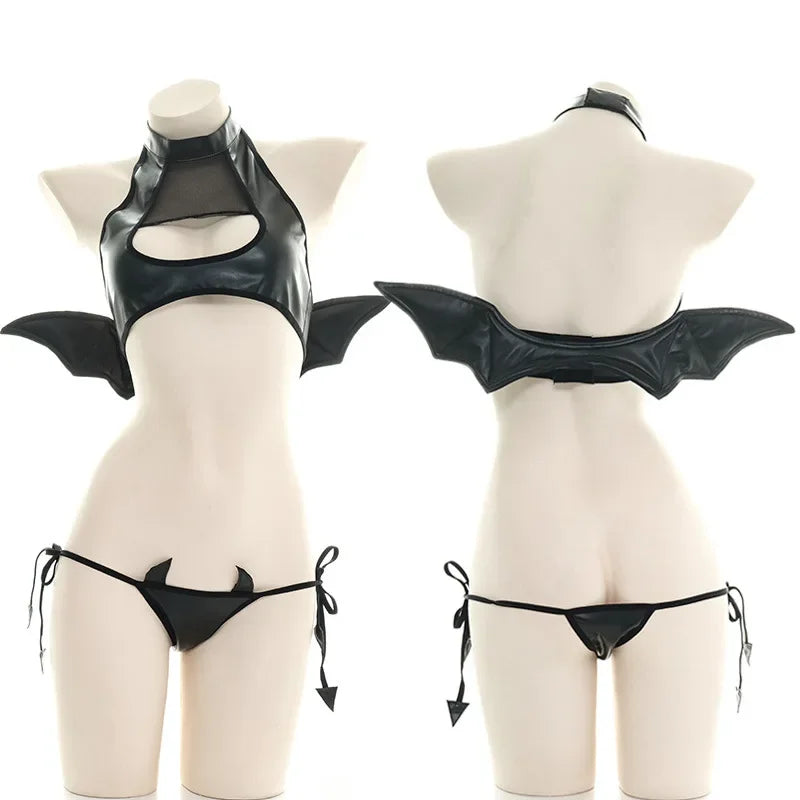 Sexy Patent Leather Women Lingerie Set Little Devil Wings Underwear SM Flirting Open Chest Underwear Porn Bra Costume - buysextoyth