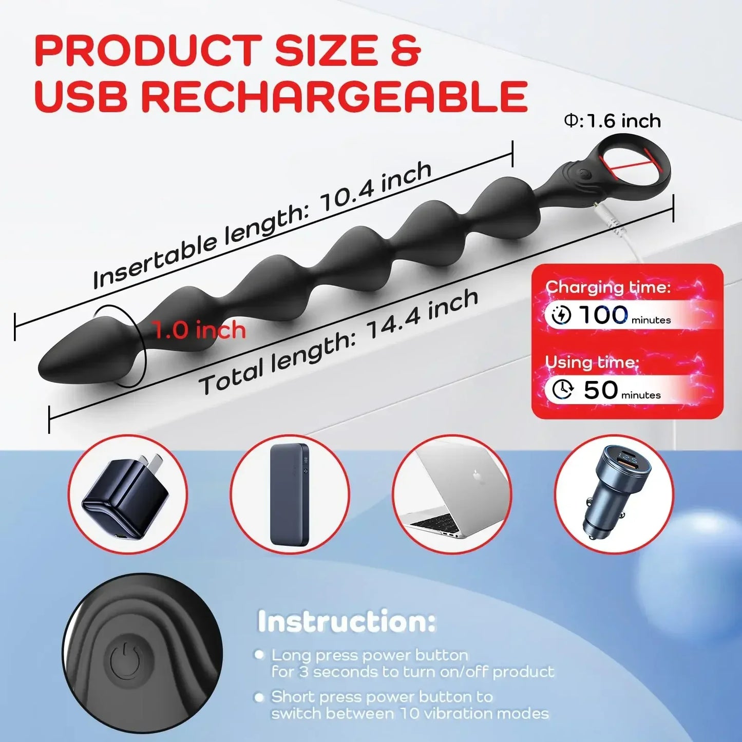 14.4 Inch Ultra-Soft Liquid Silicone Vibrating Anal Beads Butt Plug Prostate Massager Anal Sex Toys for Men Couples 18+ - buysextoyth