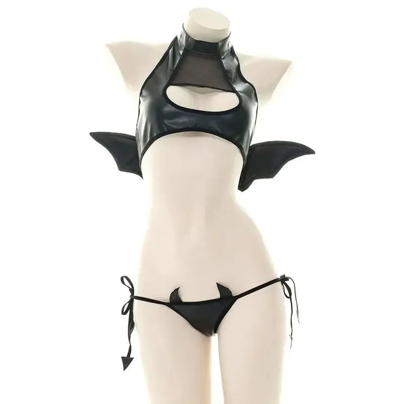 Sexy Patent Leather Women Lingerie Set Little Devil Wings Underwear SM Flirting Open Chest Underwear Porn Bra Costume - buysextoyth