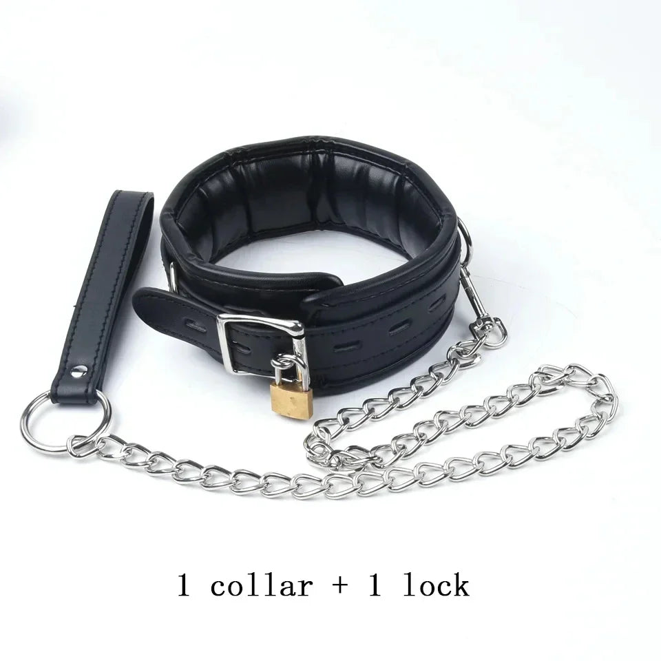4Pcs Bondage Set Black Leather Sponge Handcuffs For Sex Anklecuffs +Handcuffs+Collar+ mask+5 Lock Sex Toys for Adult Games - buysextoyth