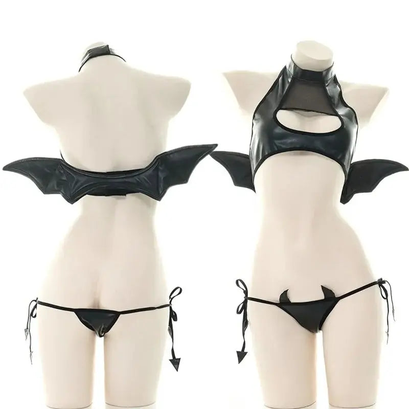 Sexy Patent Leather Women Lingerie Set Little Devil Wings Underwear SM Flirting Open Chest Underwear Porn Bra Costume - buysextoyth