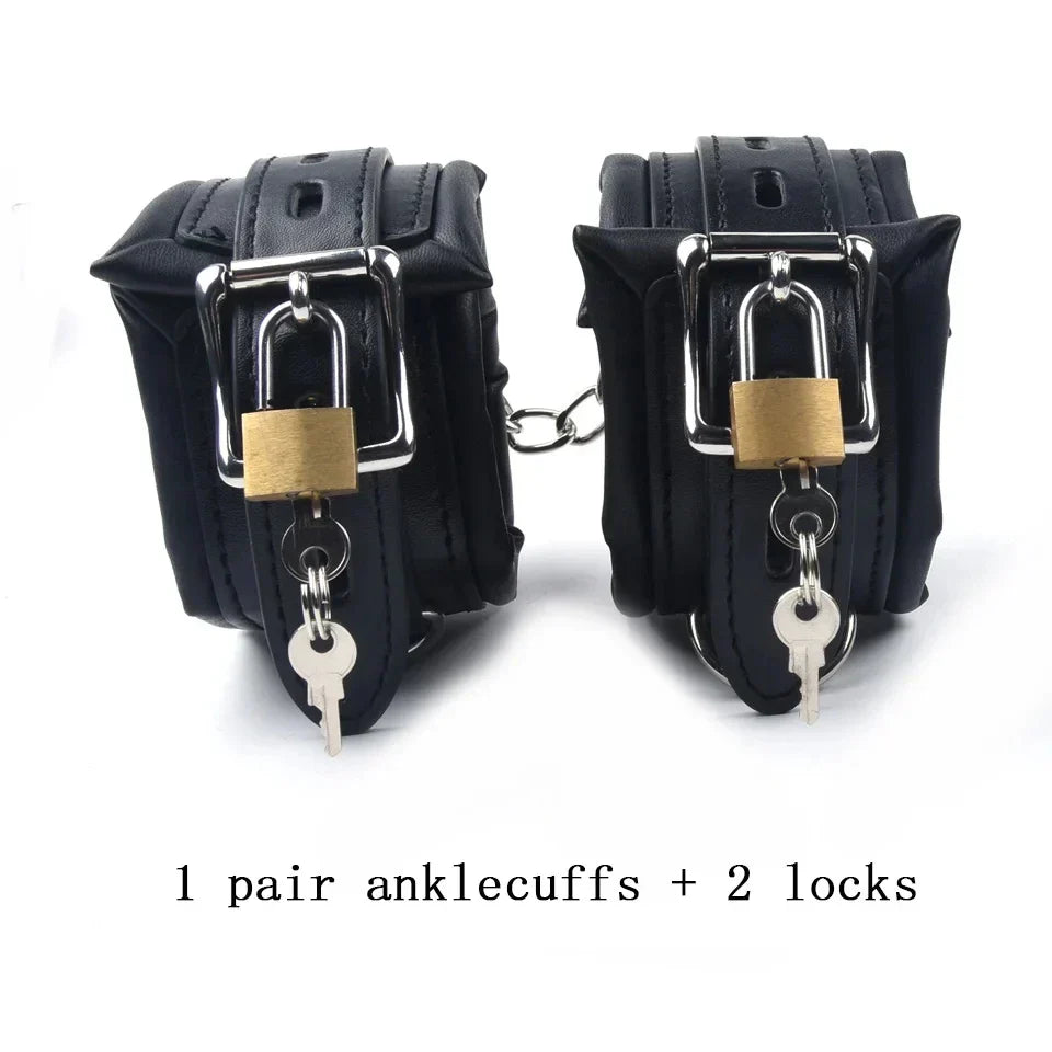 4Pcs Bondage Set Black Leather Sponge Handcuffs For Sex Anklecuffs +Handcuffs+Collar+ mask+5 Lock Sex Toys for Adult Games - buysextoyth