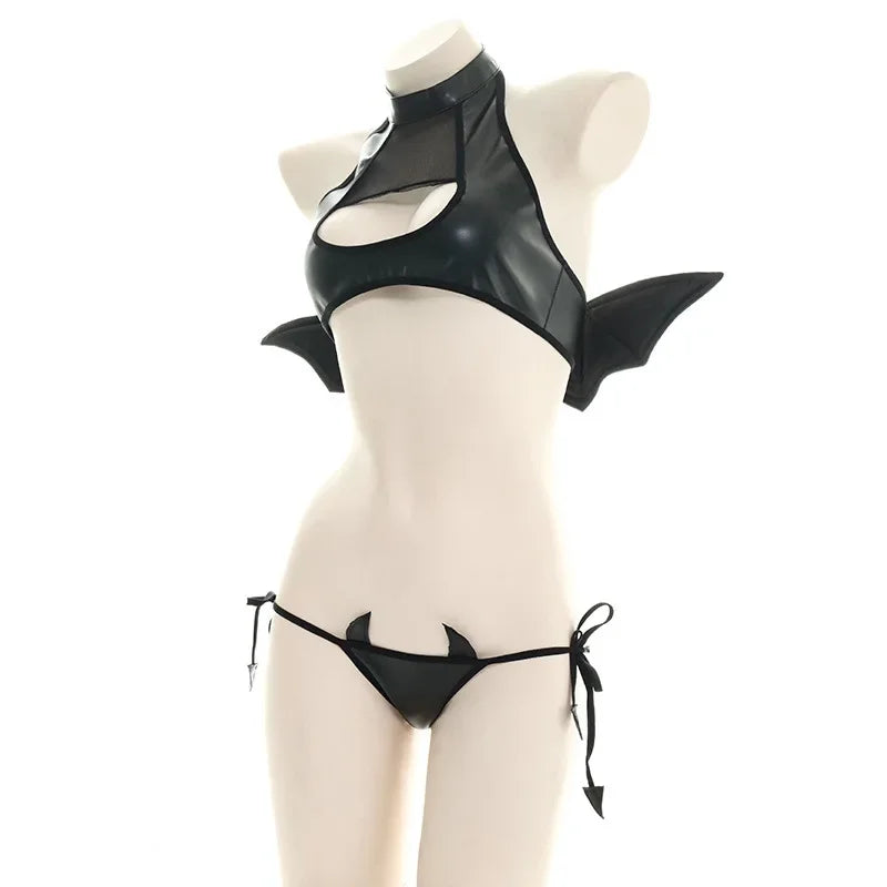Sexy Patent Leather Women Lingerie Set Little Devil Wings Underwear SM Flirting Open Chest Underwear Porn Bra Costume - buysextoyth