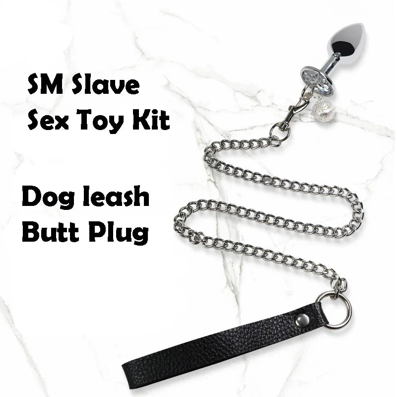 BDSM Bondage Gear Collar Leash Butt Plug Set SM Slave Butt Plug with Ring Bell Chain Slave Leashes Adult Couple Porn Games Kits - buysextoyth