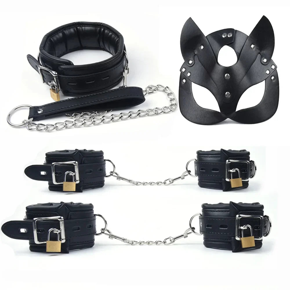 4Pcs Bondage Set Black Leather Sponge Handcuffs For Sex Anklecuffs +Handcuffs+Collar+ mask+5 Lock Sex Toys for Adult Games - buysextoyth