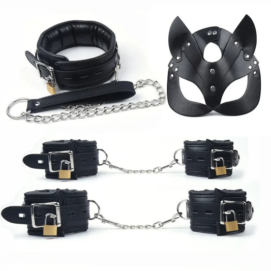 4Pcs Bondage Set Black Leather Sponge Handcuffs For Sex Anklecuffs +Handcuffs+Collar+ mask+5 Lock Sex Toys for Adult Games - buysextoyth