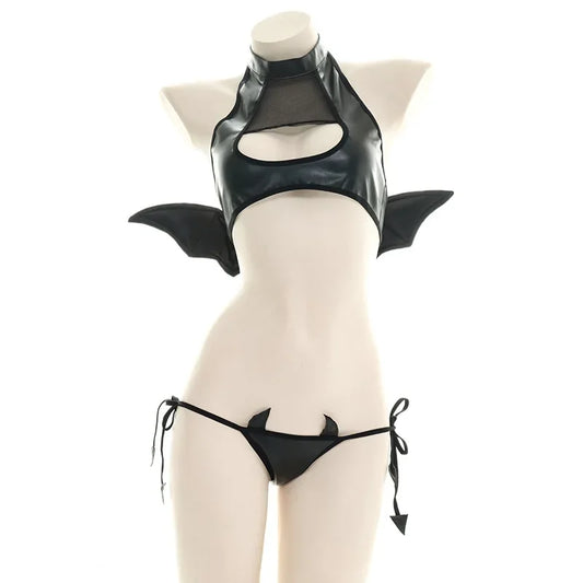 Sexy Patent Leather Women Lingerie Set Little Devil Wings Underwear SM Flirting Open Chest Underwear Porn Bra Costume - buysextoyth