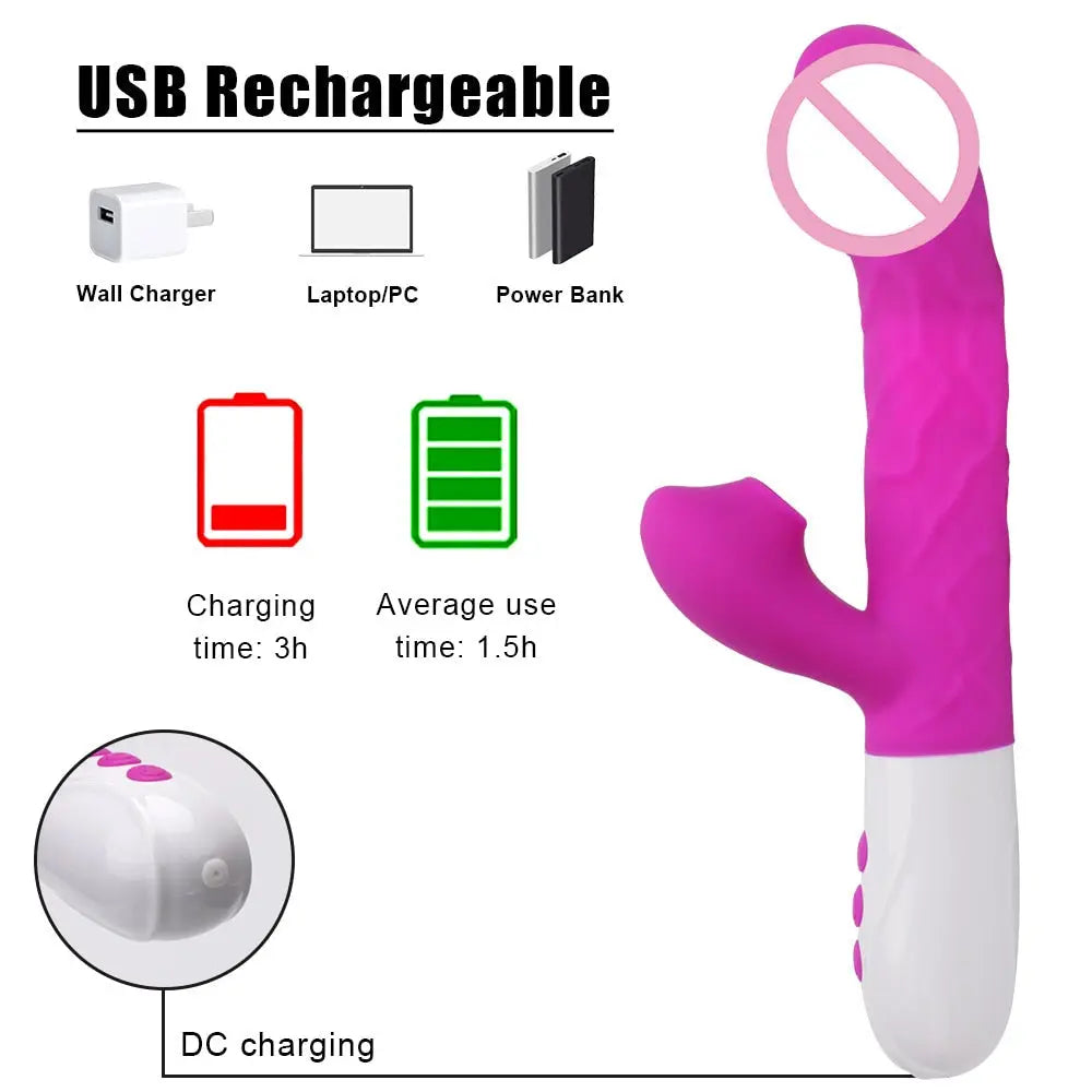 Sex Toys for Women Heating Vagina G Spot Stimulate Vibrators Telescopic Rotating Dildo 3 In 1 Clitoris Sucking Rabbit Vibrator - buysextoyth