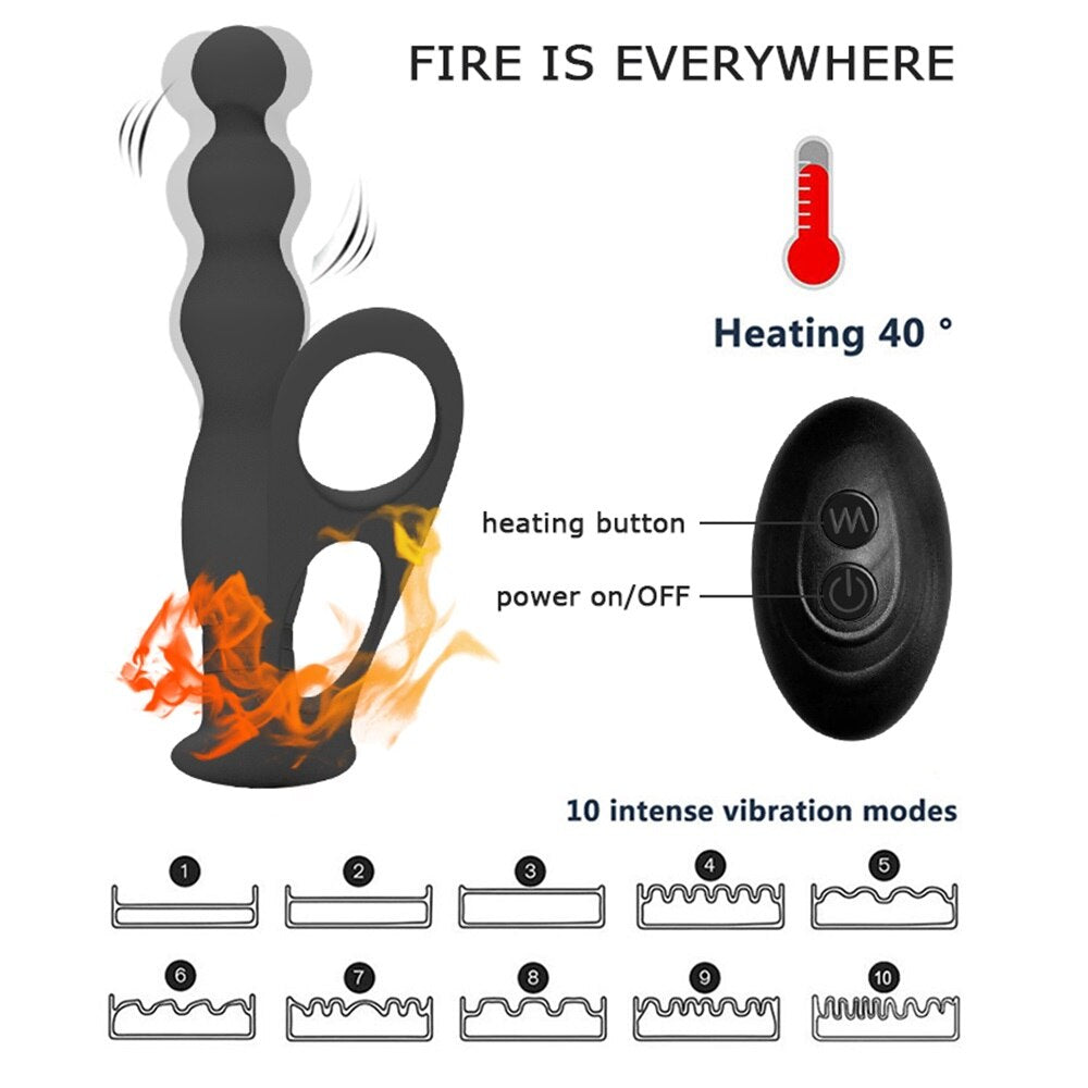 Silicone Anal Butt Plug  Pull Beads with Cock Ring Prostate Massager Anal Balls Vibration Heating  Erotic Anal Sex Toy for Adult - buysextoyth
