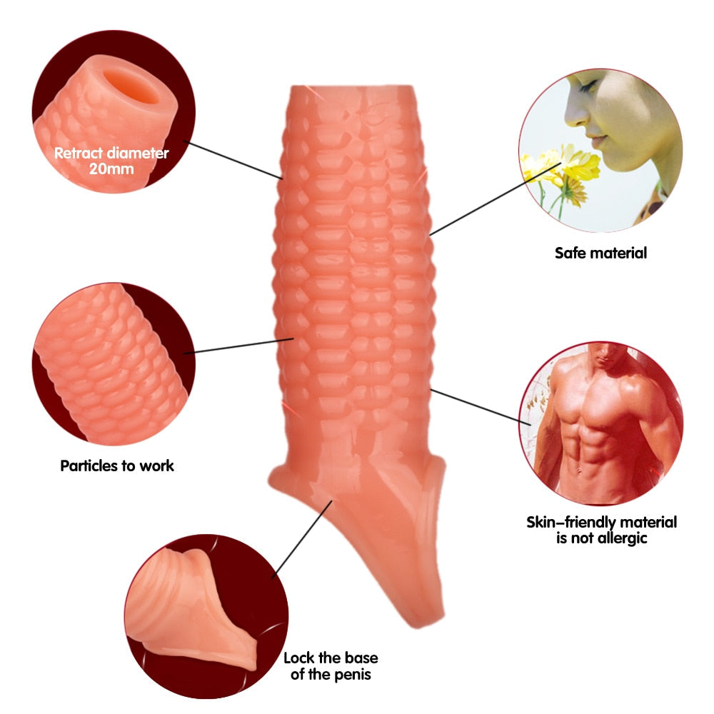 Silicone Reusable Penis Sleeve Flexible Glans Penis Enlarger Extender Delay Ejaculation Cock Ring Sleeve Adult Sex Toys for Men - buysextoyth