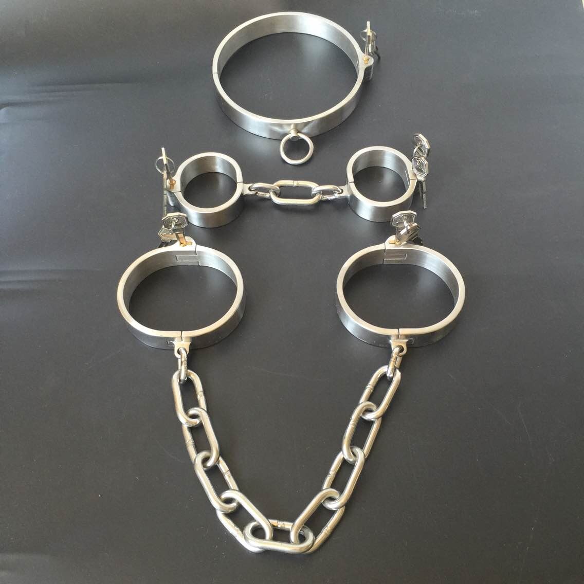 Stainless Steel Slave Flirt Wrist Handcuffs Ankle Cuffs Neck Collar Chain BDSM Shackle Bondage Invisiable Lock Fetish Sex Toys - buysextoyth
