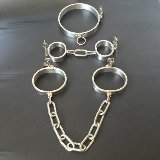 Stainless Steel Slave Flirt Wrist Handcuffs Ankle Cuffs Neck Collar Chain BDSM Shackle Bondage Invisiable Lock Fetish Sex Toys - buysextoyth