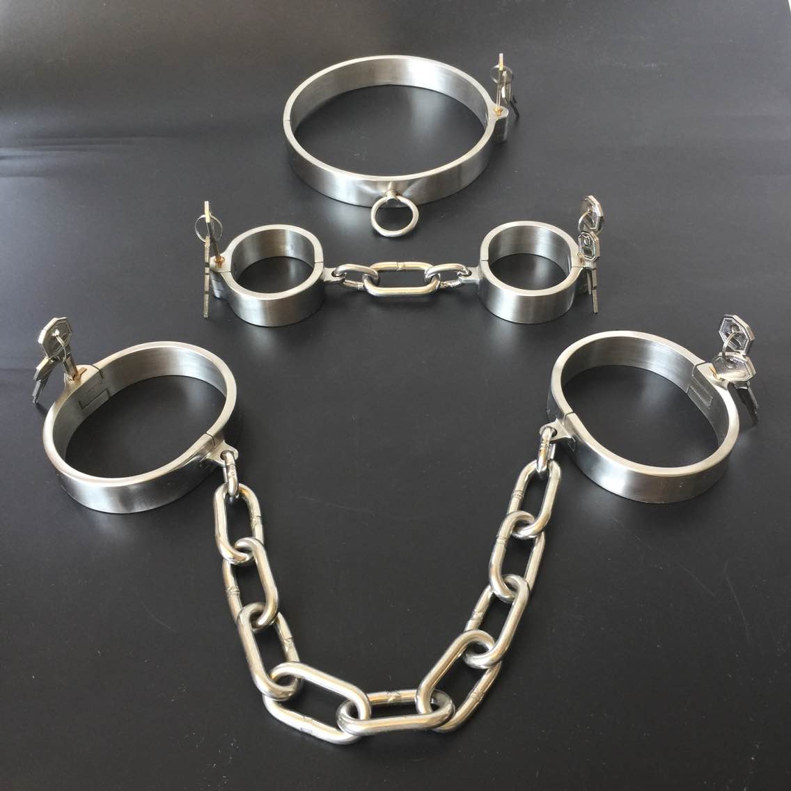 Stainless Steel Slave Flirt Wrist Handcuffs Ankle Cuffs Neck Collar Chain BDSM Shackle Bondage Invisiable Lock Fetish Sex Toys - buysextoyth