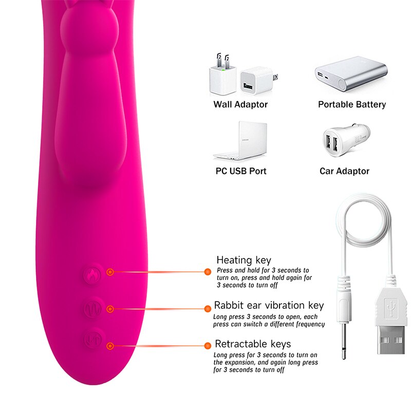 Telescopic กระต่ายสั่นความร้อนหมุน G Spot Dildo Vibrator Anal Clit Stimulator หญิง Masturbation เซ็กซ์ทอยสำหรับผู้หญิง - buysextoyth