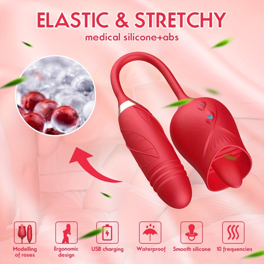 Rose Toy Vibrator For Women. 3 In 1 Clitoral Stimulator Tongue Licking Thrusting G Spot Dildo Vibrator With 10 Modes. Vaginal Anal Masturbation Massager. Rose Adult Sex Toys Games. Clit Nipple Licker For Women Man Couples - buysextoyth