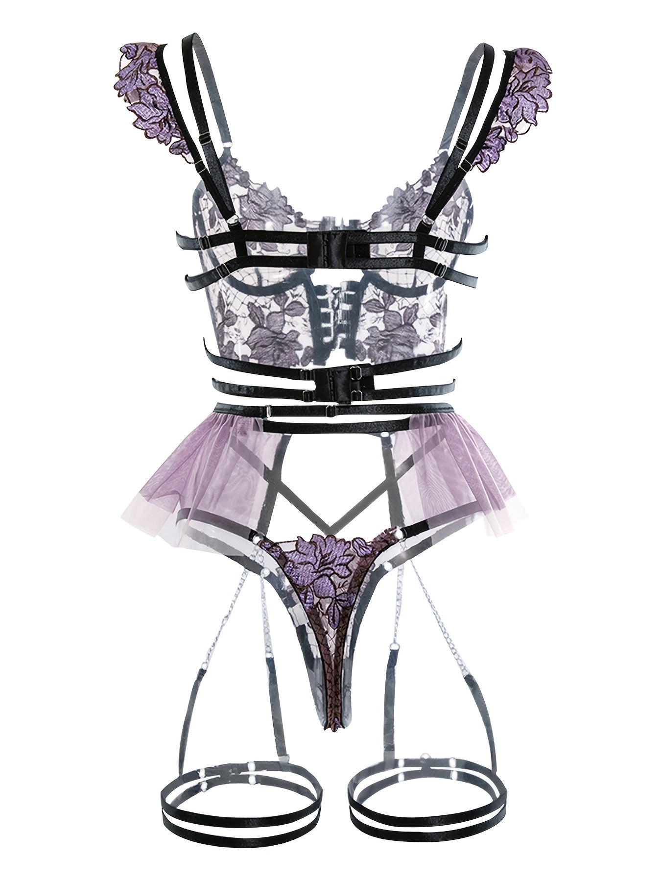 Women's Seductive Sheer Gauze Fishnet Lingerie Set with Floral Embroidery - V Neck Open Back Off The Shoulder Comfortable Bra with Underwire & Thong & Waistband with Chain Garter Belt - Perfect for Uniform Temptation - buysextoyth