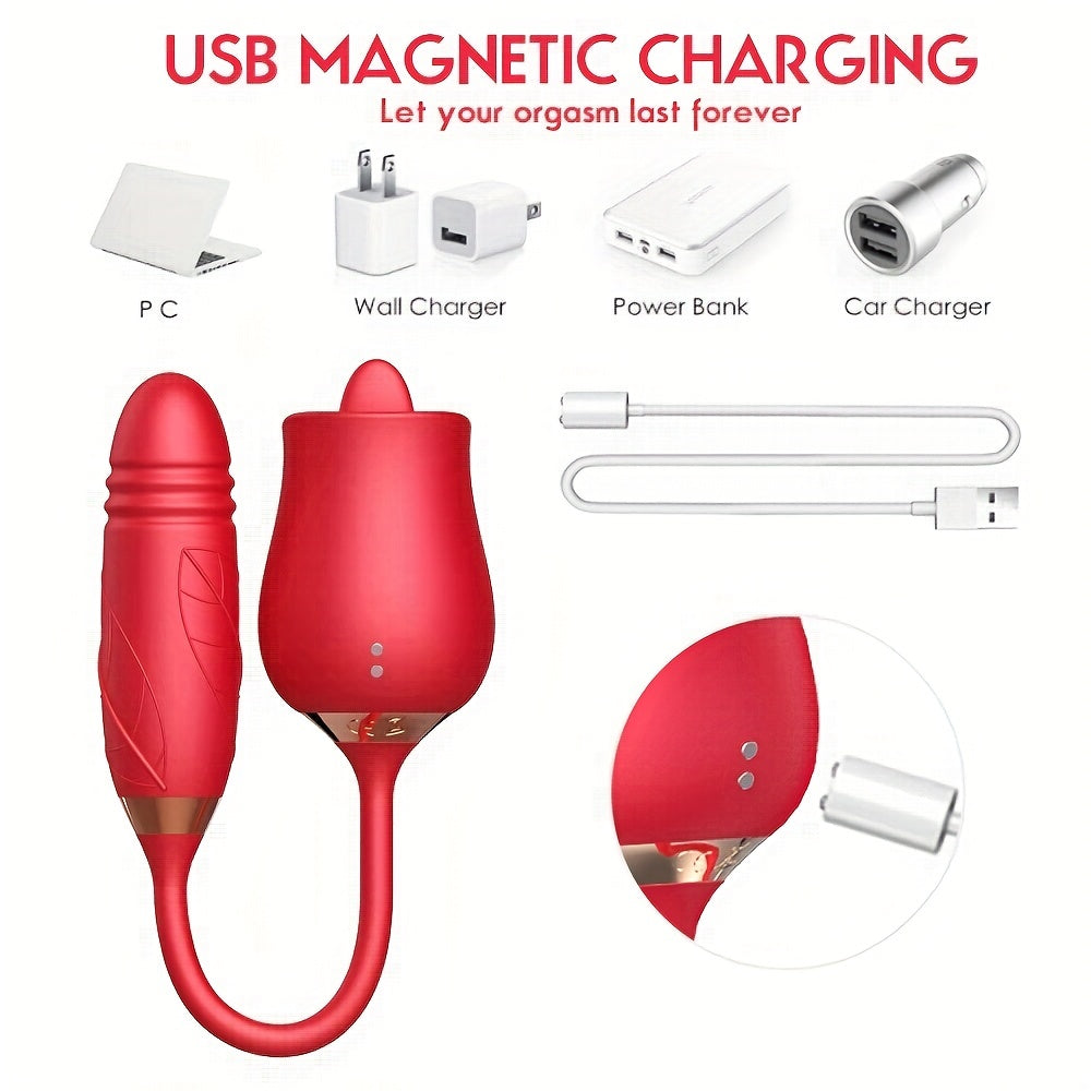 Rose Toy Vibrator For Women. 3 In 1 Clitoral Stimulator Tongue Licking Thrusting G Spot Dildo Vibrator With 10 Modes. Vaginal Anal Masturbation Massager. Rose Adult Sex Toys Games. Clit Nipple Licker For Women Man Couples - buysextoyth