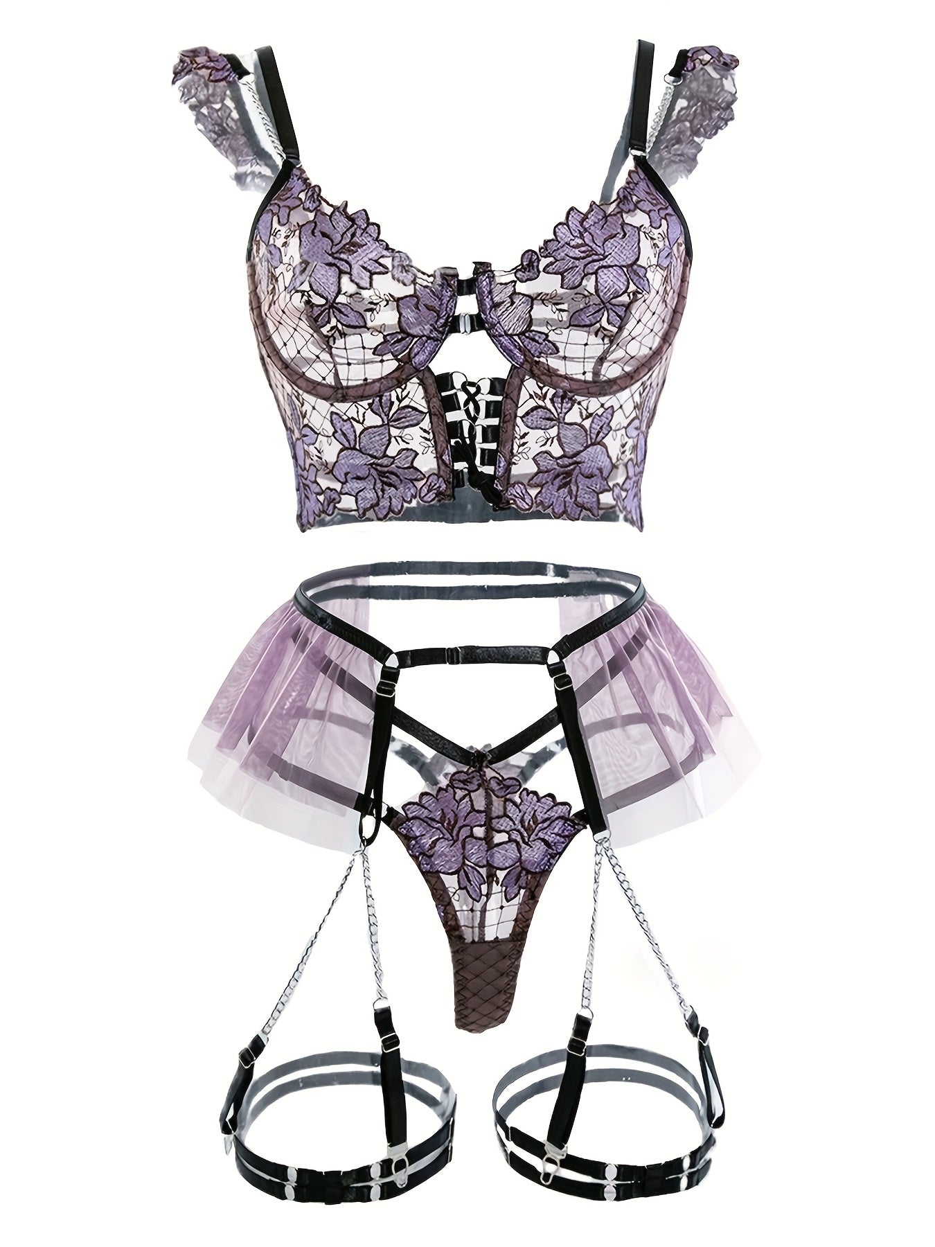 Women's Seductive Sheer Gauze Fishnet Lingerie Set with Floral Embroidery - V Neck Open Back Off The Shoulder Comfortable Bra with Underwire & Thong & Waistband with Chain Garter Belt - Perfect for Uniform Temptation - buysextoyth