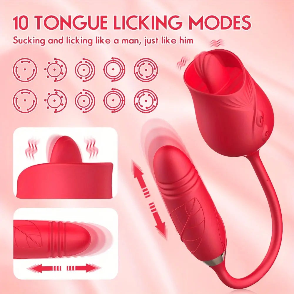 Rose Toy Vibrator For Women. 3 In 1 Clitoral Stimulator Tongue Licking Thrusting G Spot Dildo Vibrator With 10 Modes. Vaginal Anal Masturbation Massager. Rose Adult Sex Toys Games. Clit Nipple Licker For Women Man Couples - buysextoyth